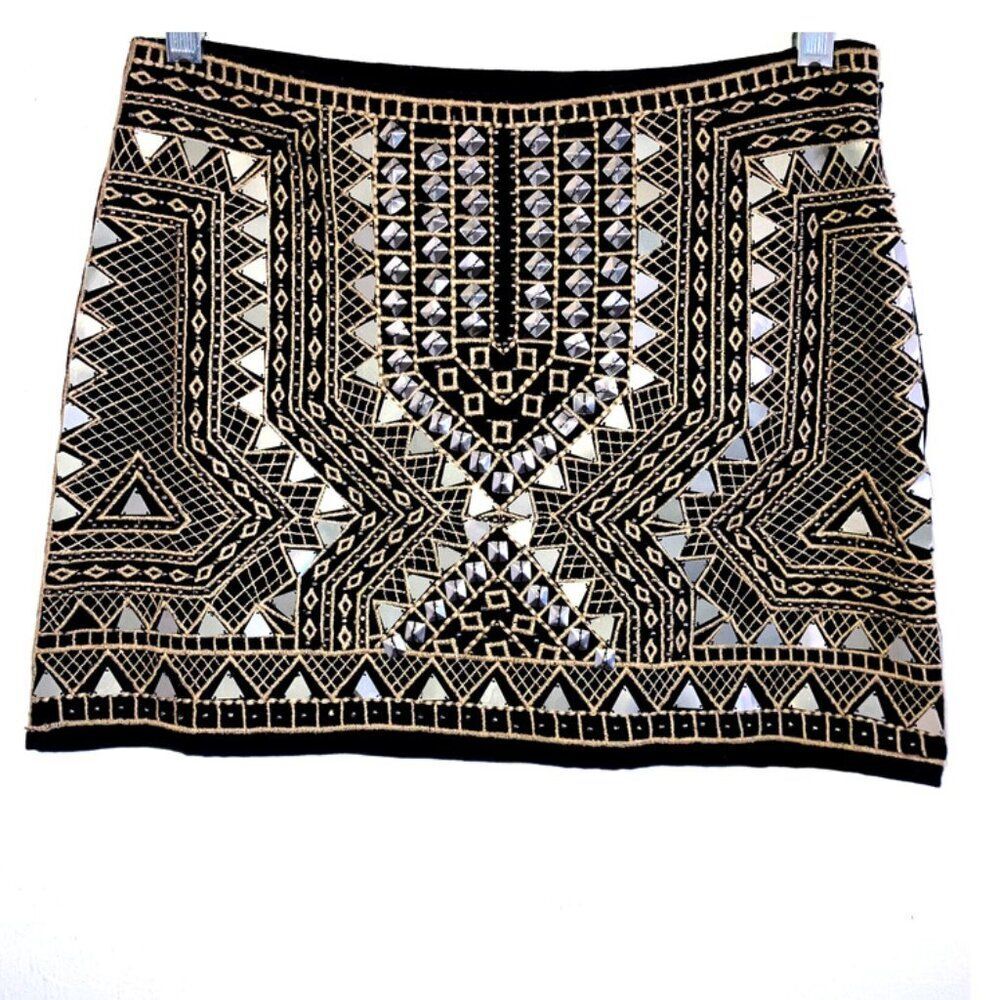 CHELSEA & VIOLET sz S Black Metalic Mirror Cotton Linen Mini Skirt ANTHROPOLOGIE